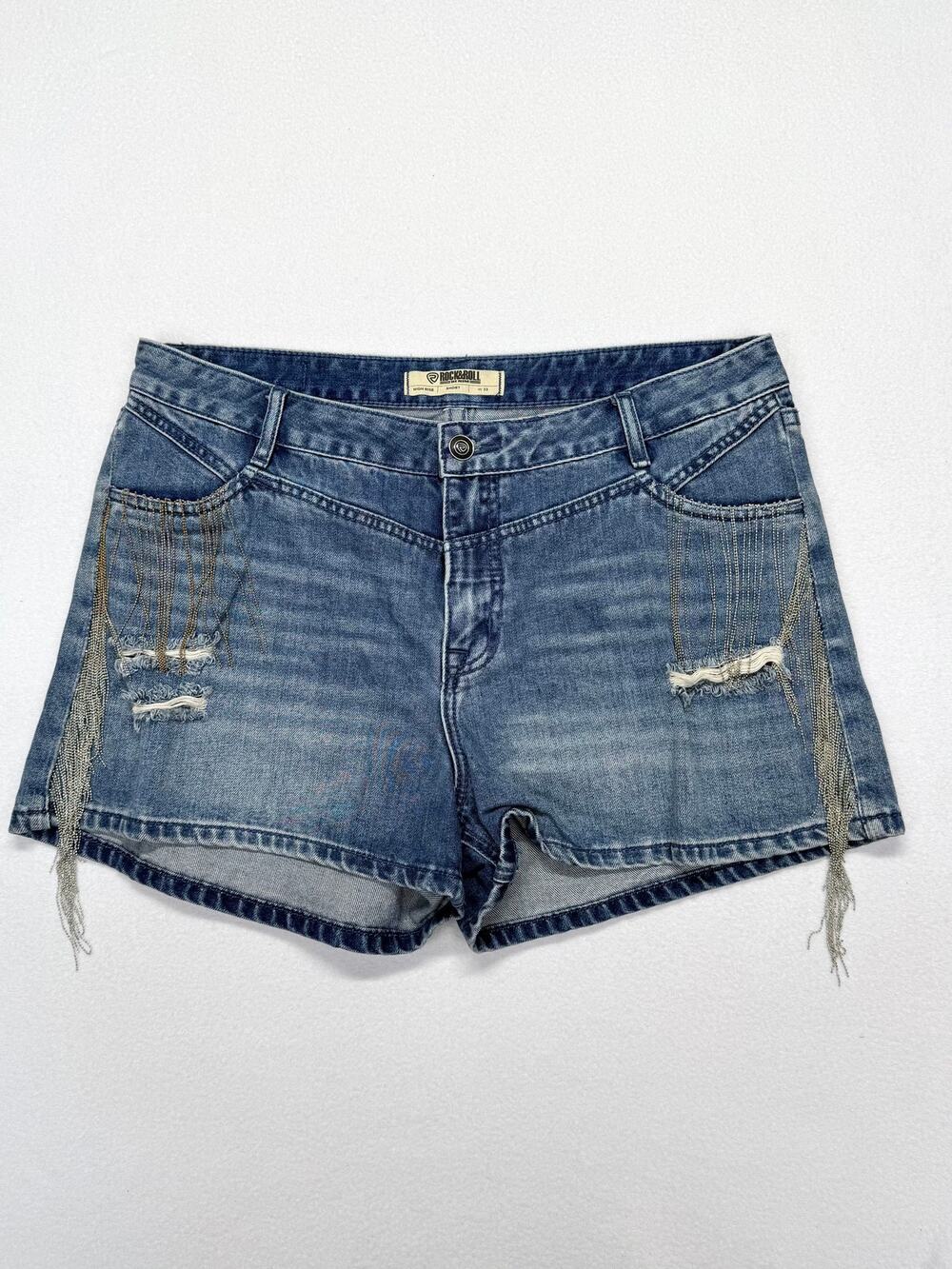 Rock & Roll Denim Fringe Shorts Size 33 Metal Blue Jean Stretch Hi Rise ~Read